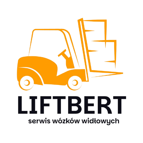 Logo firmy LIFTBERT. Na górze znajduje się pomarańczowa ikona wózka widłowego podnoszącego trzy skrzynie. Poniżej widnieje duży, czarny napis "LIFTBERT", a pod nim mniejszy tekst "serwis wózków widłowych".